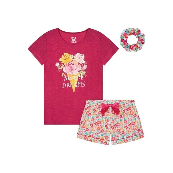 Max & Olivia Big Girls Pajama Set T-shirt and Shorts w/ Scrunchie 3 Piece Pink L - Picture 1 of 4